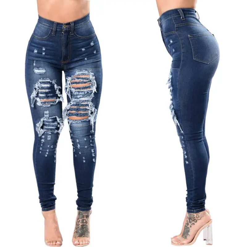 

Womens High Waist Ripped Jeans Ladies Slim Fit Stretch Long Pants JeansTrousers