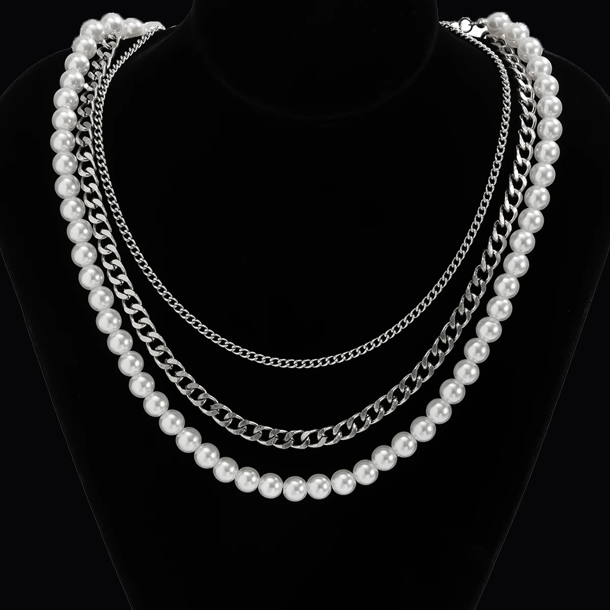 

KunJoe Vintage Imitation Pearl Beaded Choker Necklace For Men Hip Hop Punk Multilayer Link Chain Necklace Collar Gothic Jewelry