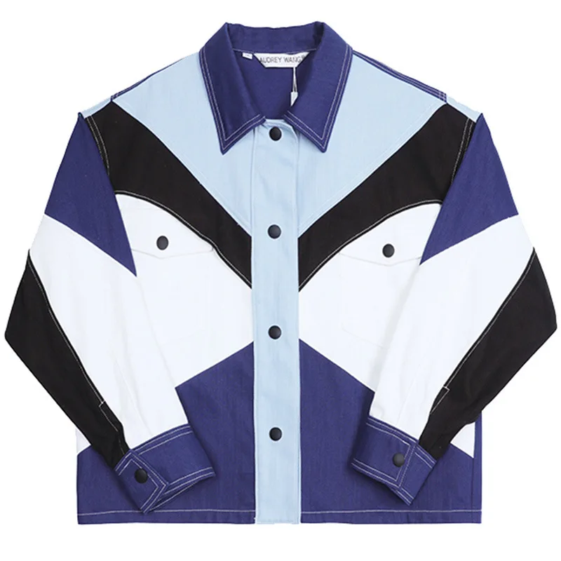 

Loose Fit Contrast Color Split Big Size Denim Jacket New Lapel Long Sleeve Women Coat Fashion Tide Spring 2020 Y337