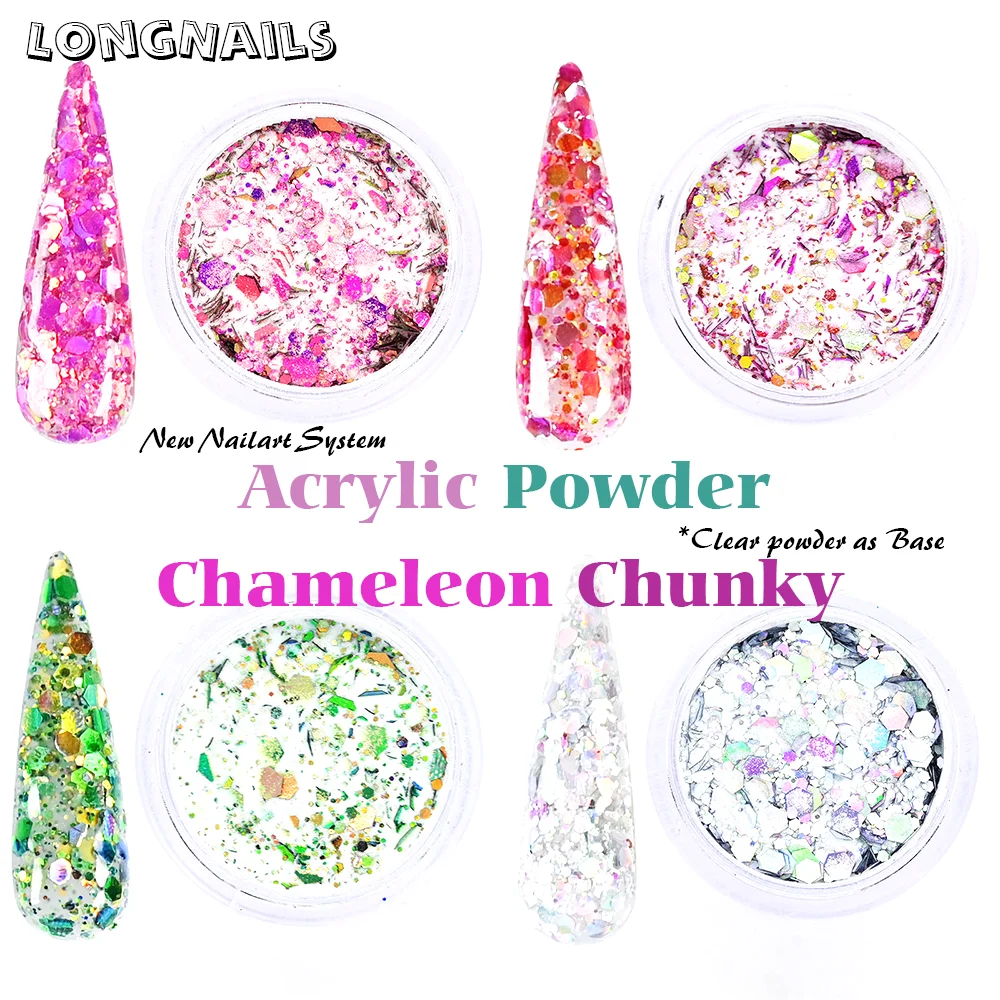 

2021s' New Acrylic System Powder Dipping 2in1 Mixed Chunky Glitter 10g/box Chameleon Flashing Manicure Clear Acrylic Powder 2in1