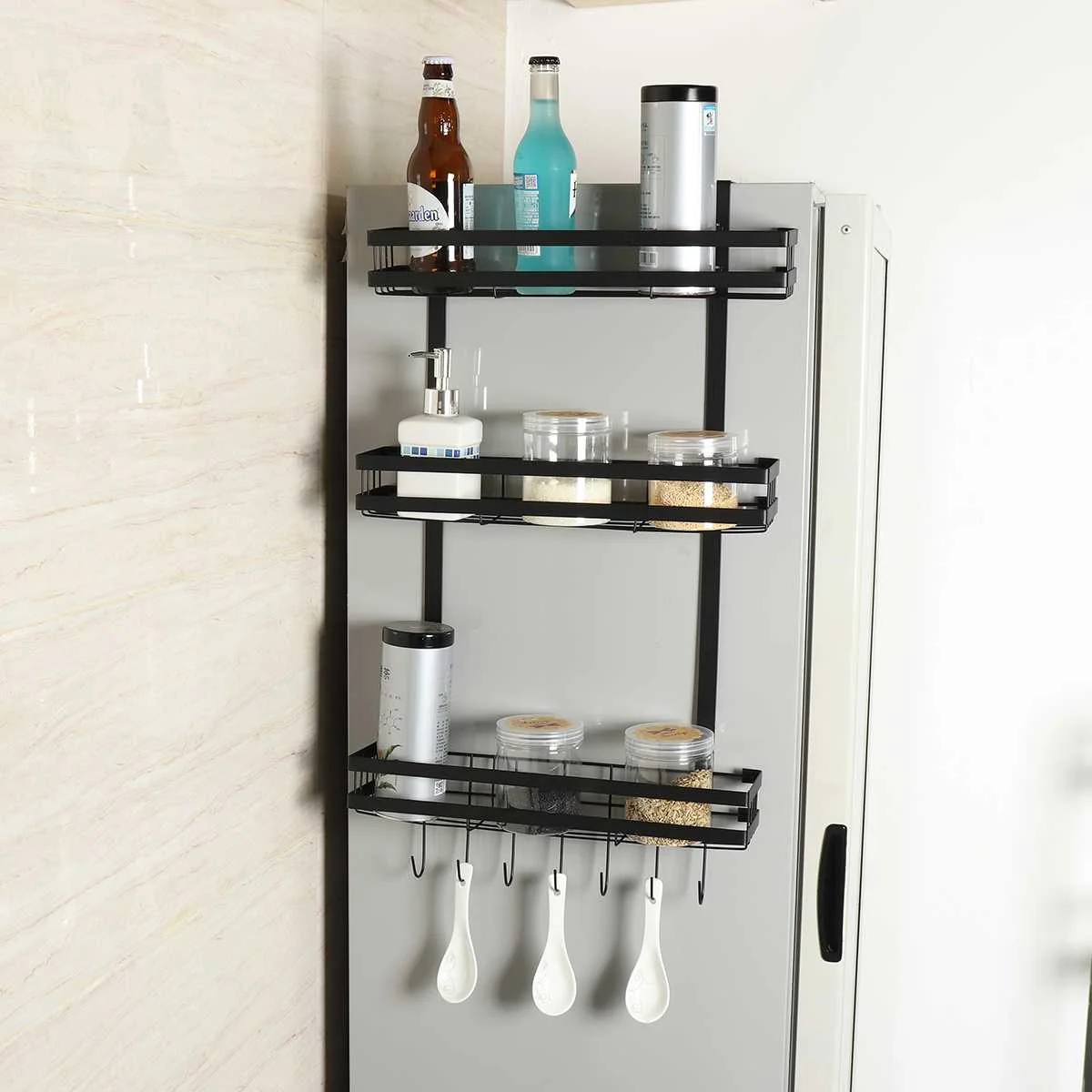 3 tier kitchen refrigerator storage rack fridge seasoning organizer hang shelf including 7 hooks free global shipping
