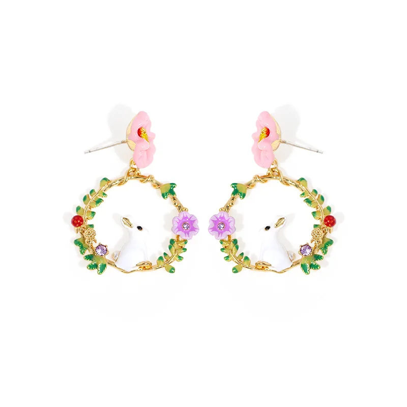 

New Spring Rabbit Flower Enamel Glaze Earrings European and American Style Fashion Earrings No Pierced Ear Clip Stud Earrings