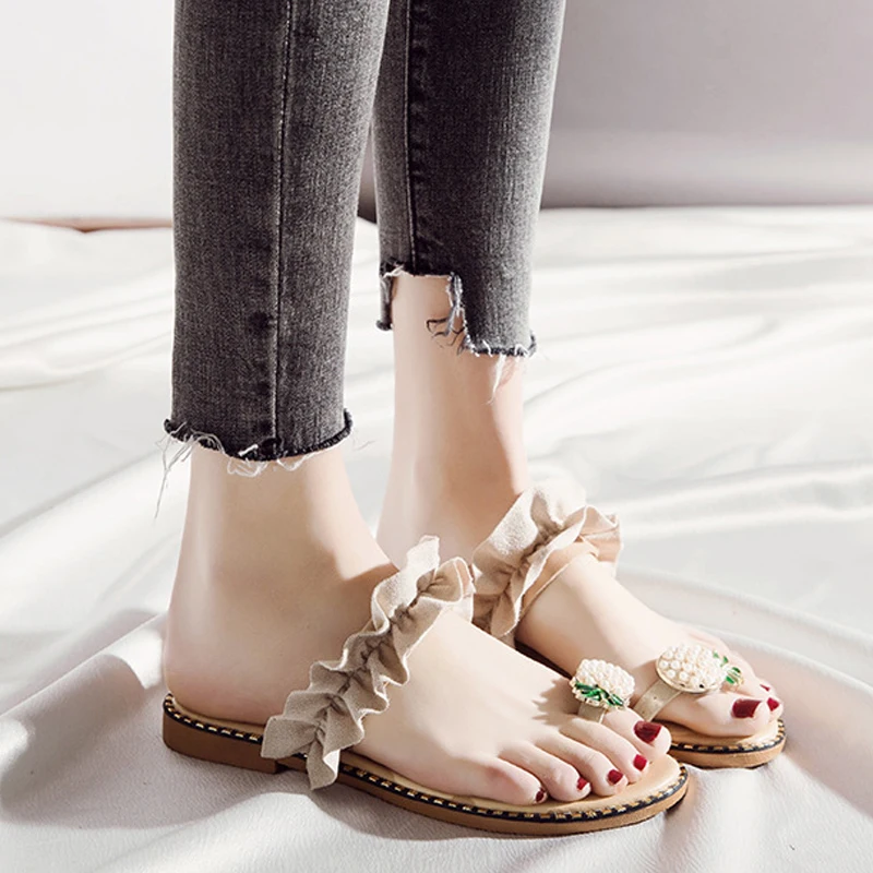 Женские сандалии с открытым носком летние пляжные шлепанцы на плоской подошве