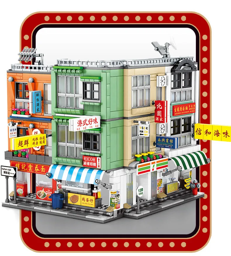 

Sembo MOC With Light Brick Hong Kong Stalls Retro Food Store Street View House Model Building Blocks Kids Toys For Children Gift