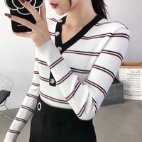 v neck pullover sweater female 2020 nian autumn and winter clothing new slim fit skinny inner match contrasting color striped