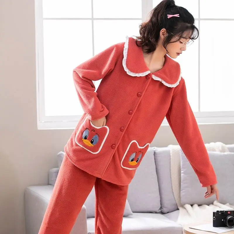

Autumn Winter Women Pajamas Set Warm Flannel 2PCS Sleepwear Lapel Shirt&Pants Femme Pijamas Suit Casual Loungewear Home Clothes