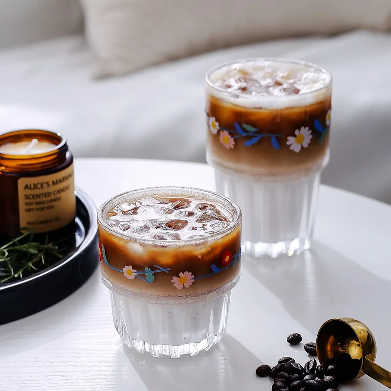258/350ML Korean Small Daisies Print Glass Coffee Mug Creative Cup Tea Milk Lemon Juice Drinking Home Drinkware Latte | Дом и сад