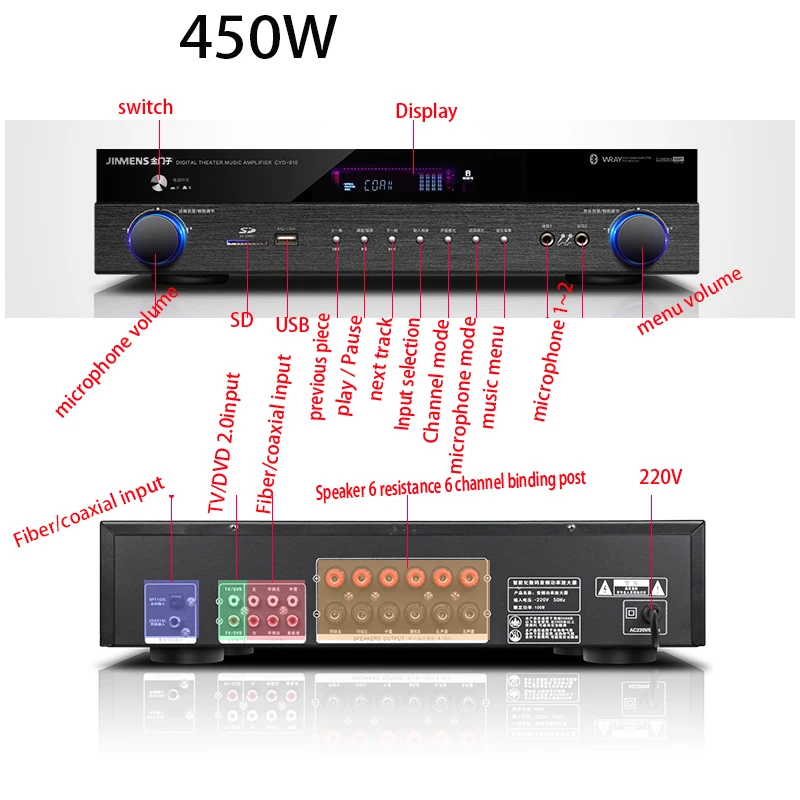 Kaolanhon 220V 450W 750W H-8002 4.0 Bluetooth Amplifier HDMI Loss Home Theater 5.1 Channel Digital Amplifier Home Karaoke