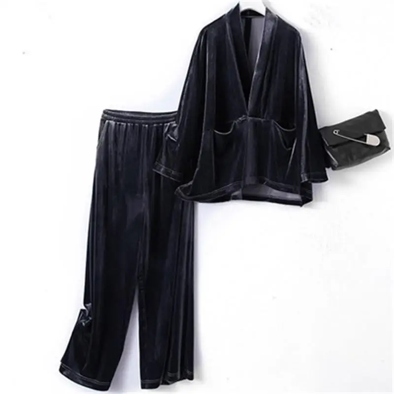 

Autumn NEW Golden velvet Pant Suits Women Two Piece Suit Casual Jacket And Wide leg pants Loose Office Suit Size S-3XL