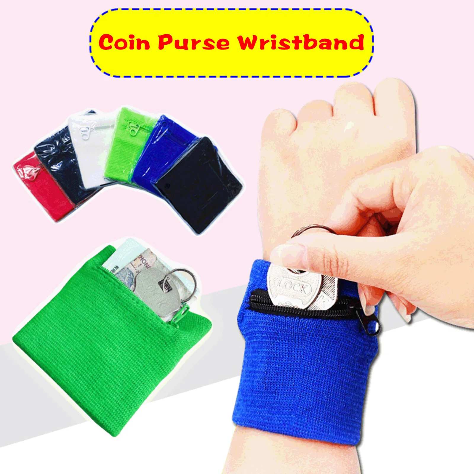 

Women Men Wallets Travel Sweatband Running Wrist Wallet Key Sport Wristband with Zipper Pocket 8*8cm-WT