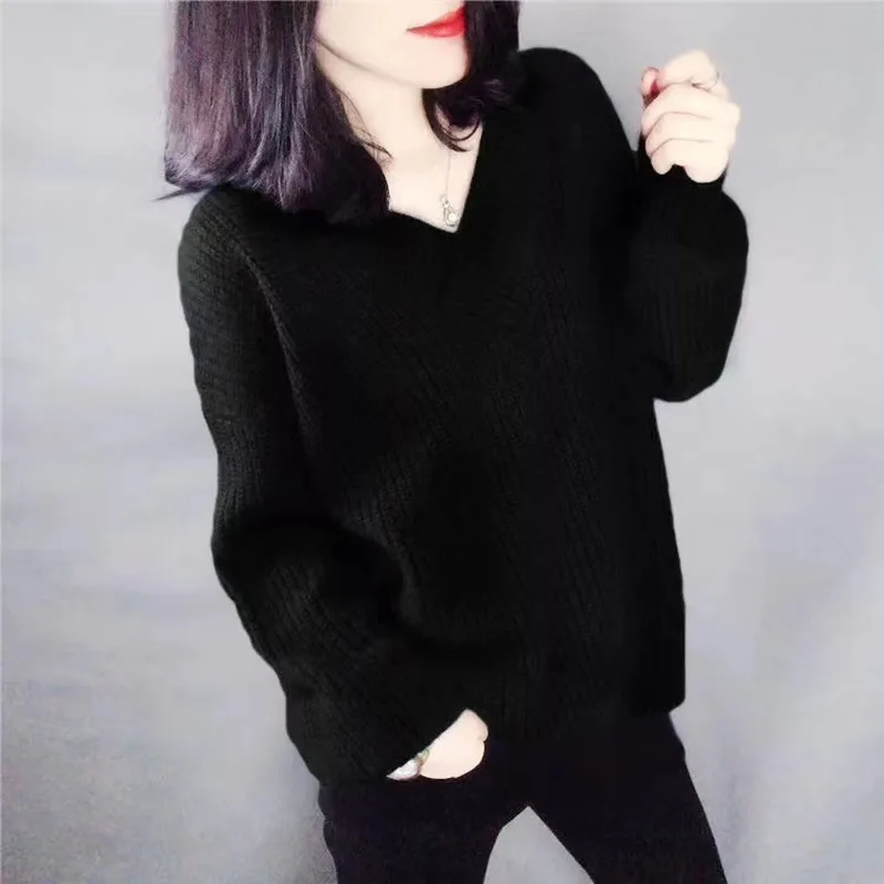 Женский вязаный свитер с открытыми плечами Свободный пуловер V-образным вырезом