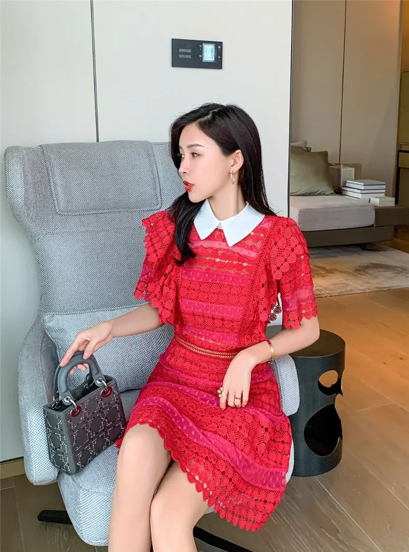 Женское Сетчатое платье в стиле пэчворк модельное ажурное с отложным воротником