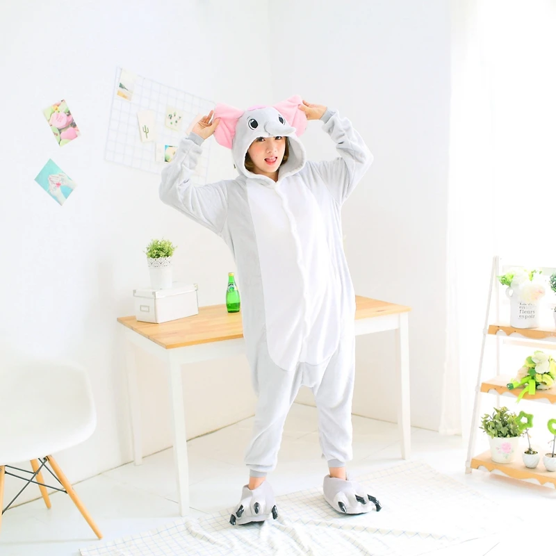 Unisex Kigurumi Adults Animal Pajamas Anime Onesie Elephant Flannel Cartoon Cute Warm Cosplay Sleepwear