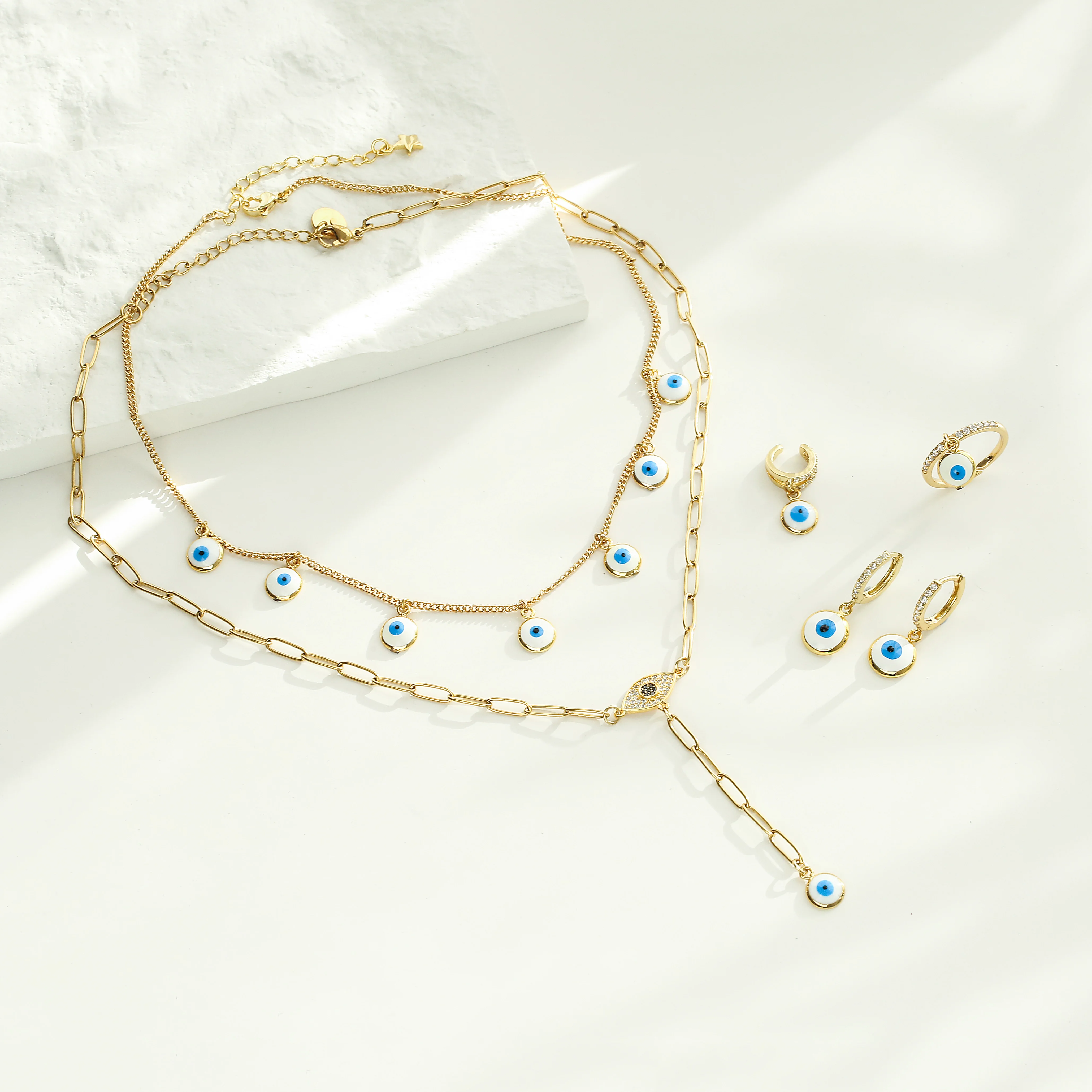 

HECHENG,Evil Eyes Jewelry Set,Dropping Oil Necklace for Women Bohemian Vintage Choker Earrings Ring Ear Cuff,Wholesale