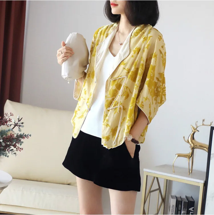 

Модный жаккардовый топ с пряжкой в китайском стиле из флокированного шелка с золотой нитью, Свободная Женская одежда на весну и лето 2021