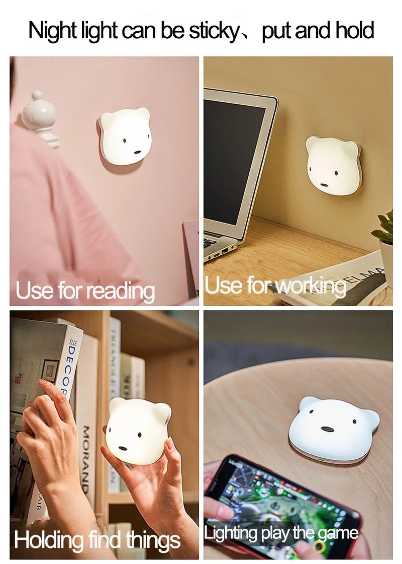 

LED Night Light Touch Sensor 3 Colors Wall Lamp USB Rechargeable Portable Cute Bear Desk Lamp for Bedroom Cabinet Decorative