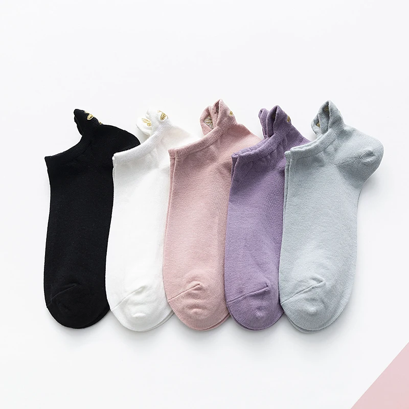 

Instime 4 Pair/Lot Shallow Boat Socks Gold Silk Embroidery Bee Ankle Women Socks Cotton Low Cut Thin Size 36-40