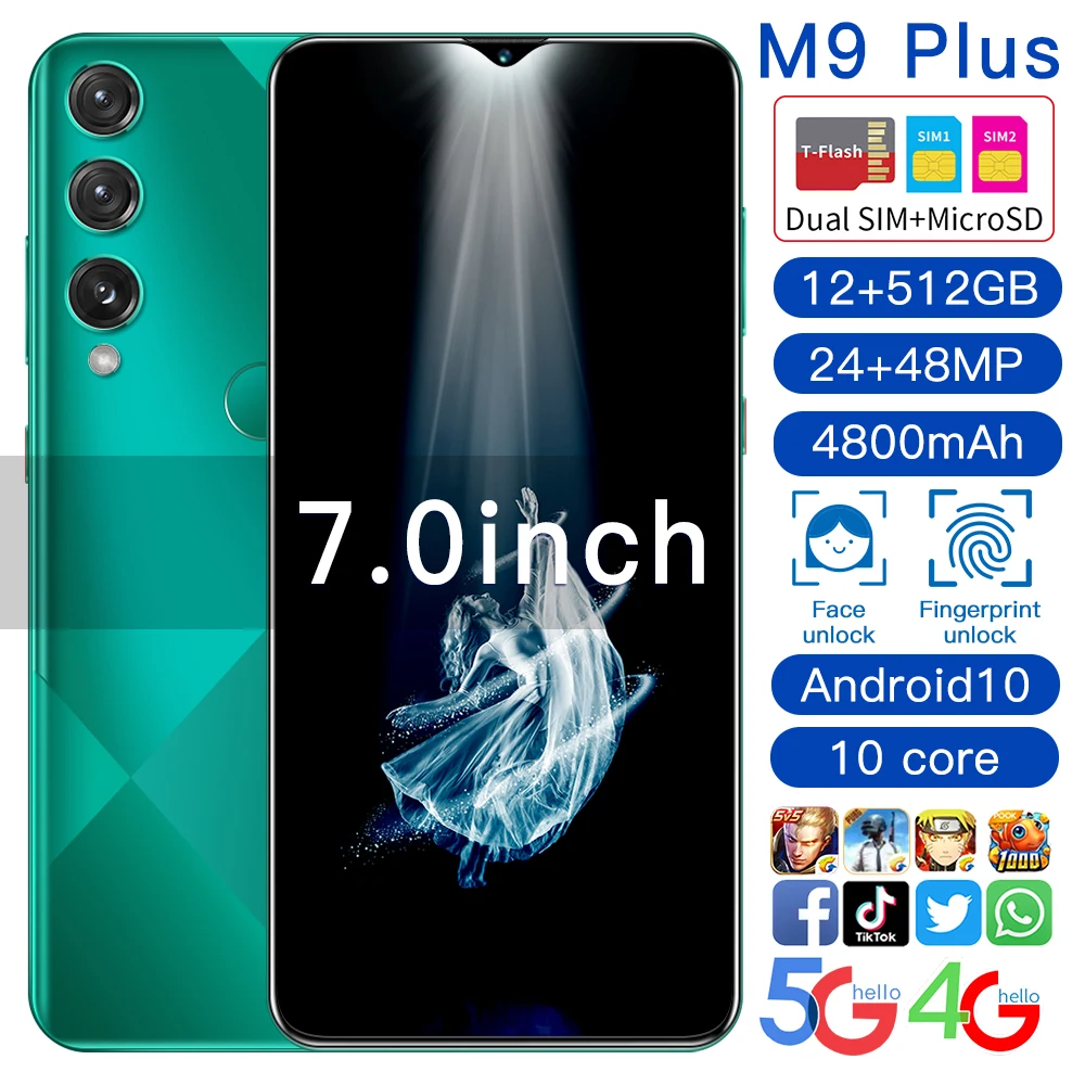 

Смартфон M9 Plus, 7,0 дюйма, 24 + 48 МП, 4G/телефон, 12 Гб, 512 ГБ