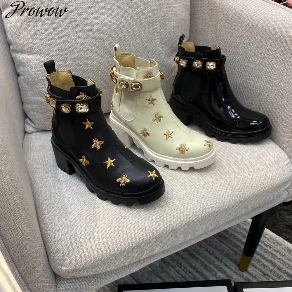 

Prowow Hot Sale Winter Shoes Women Ankle Genuine Leather Women Boots Round Toe Slip On Med Heels Crystal Women Boots