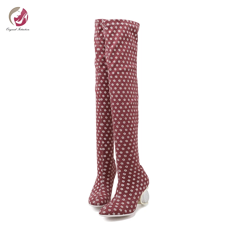 

Original Intention Sexy Over Knee High Floral Red Blue Orange Boots Woman Crystal High Heels Pointed Toe Long Boots Female Shoes