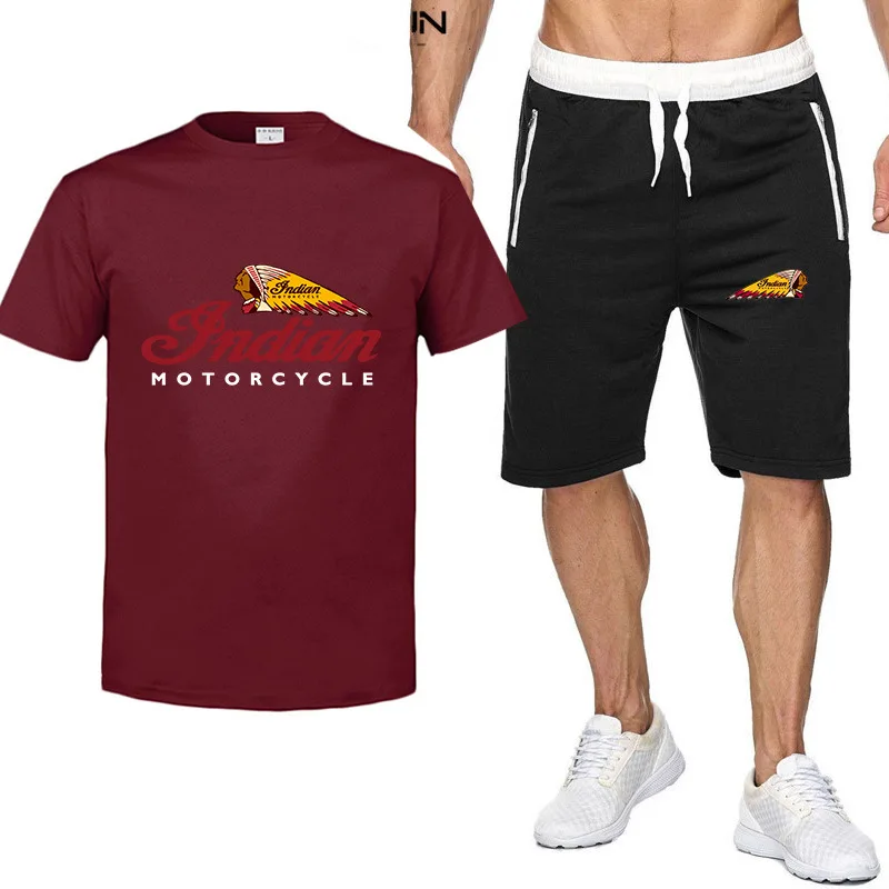 

New Summer Men's Indian Motorcycle Logo T-shirt Suit Casual Cotton Hip-hop Short Sleeves + Shorts Sportswear Set 2 Piece 5 Color
