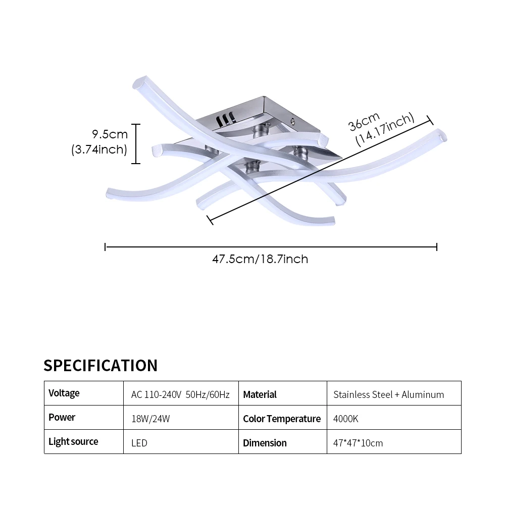 

LED Modern Ceiling Light, Ceiling Lamp for Living Room, Elegant Curved Design, 110-260V, 24W 2.000Lm, Neutral White Light 4000K