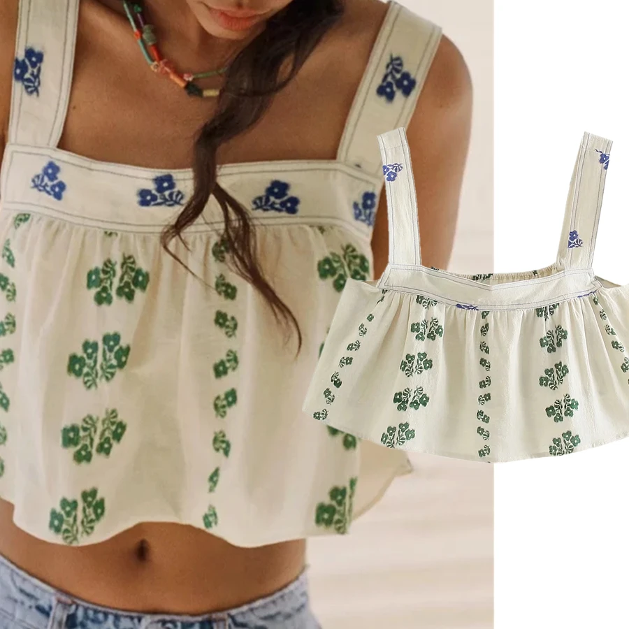 

Withered Ins Blogger Indie Folk Vintage Floral Embroidery Blouse Women Beach Sexy Short Blusas Tank Shirt Women Blouse And Tops