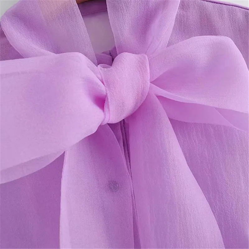 

Stylish Office Lady Organza Blouses Women Bow Tie Collar Long Sleeve See Through Sexy Violet Shirts Chic Tops 2020