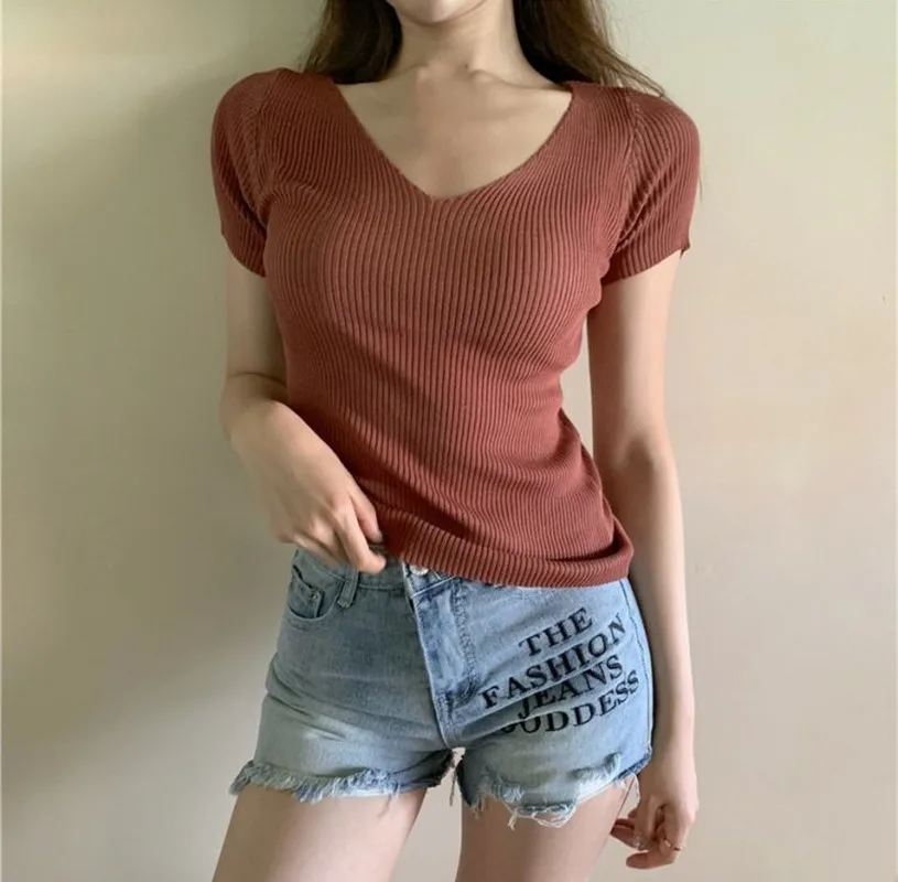 

Womens Clothing Polyester Office Lady Summer Korean Slim Short Half Sleeve T-shirt Knitted Ten-color Short Sleeve Ice Silk Top
