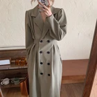 Женское двубортное платье макси, дизайнерское платье с высокой талией, длинным рукавом и лацканами, корейская мода, шикарная ретро одежда на весну и осень, 2022