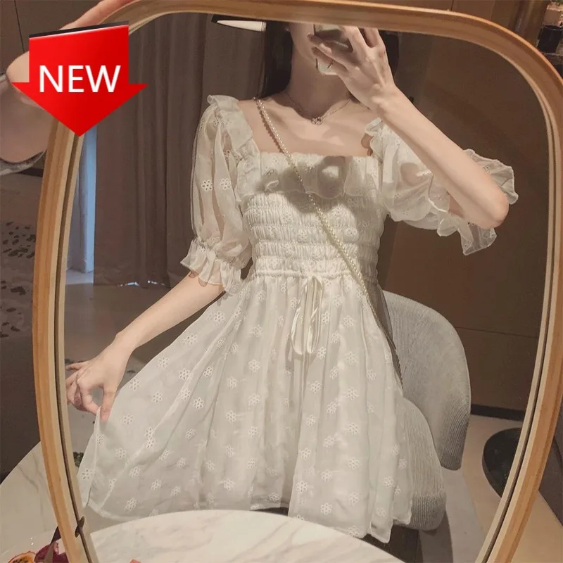 

French Summer Dress Women Chiffon Japan Style Kawaii Elegant Vintage Dress 2021 White Puff Sleeve Korean Style Fairy Dress