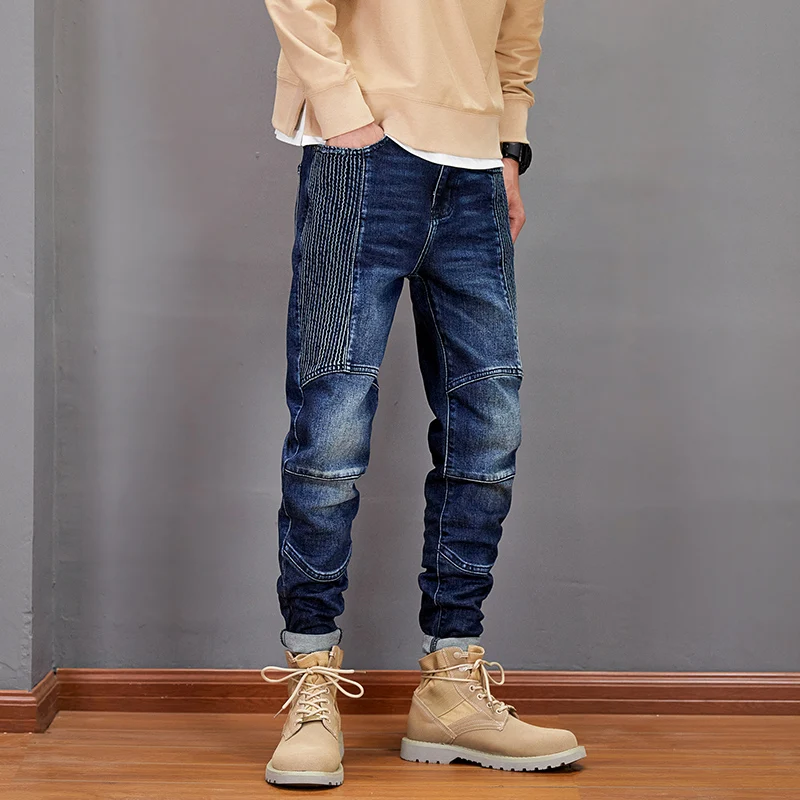 

Newly Street Style Fashion Men Jeans Retro Blue Elastic Slim Fit Spliced Designer Biker Jeans Men Hip Hop Denim Punk Pants Homme