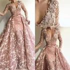 Женское вечернее платье-Русалка со съемным шлейфом, розовое кружевное платье с V-образным вырезом, длинными рукавами и аппликацией для выпускного вечера