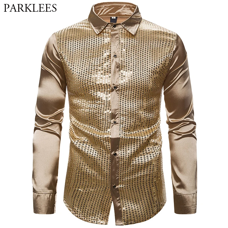 Мужская шелковая сатиновая рубашка с золотыми блестками длинным рукавом