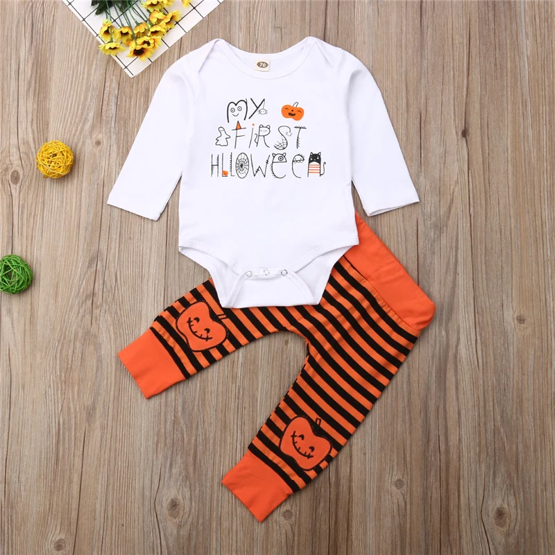 0-24M Newborn Baby Boy Girl Halloween clothes Pumpkin Outfit Romper Jumpsuit+Striped Pants 2019 Autumn Clothing Set | Детская одежда и