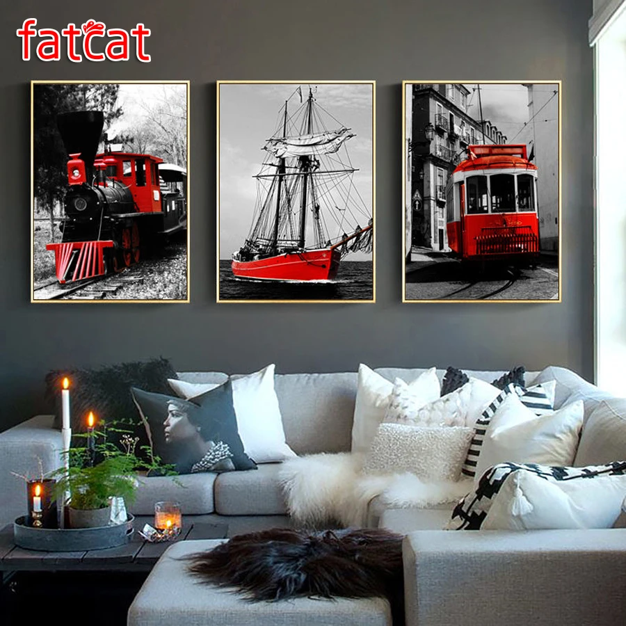 

FATCAT винтажный пейзаж, красный поезд, автобус, пейзаж, сделай сам, алмазная живопись, квадратная Круглая Мозаика, вышивка, Триптих, украшение ...