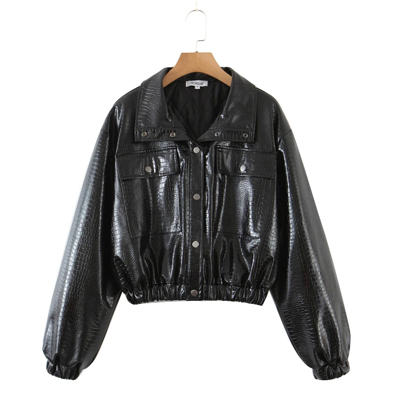 2021 New Autumn Winter Women Black Short Jacket Soft Faux Leather Snakeskin PU Coat Warm Cotton Padded Zip Motorcycle Outwwear