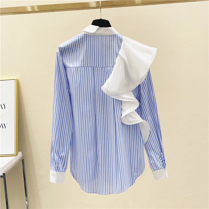 Женские рубашки в синюю полоску с оборками лето 2021 новый модный дизайн офисные