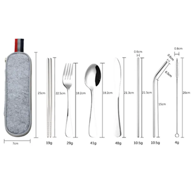 

8 Pcs Portable Stainless Steel Tableware Dinnerware Set Travel Camping Cutlery Tableware Spoon Fork Chopsticks With Straw