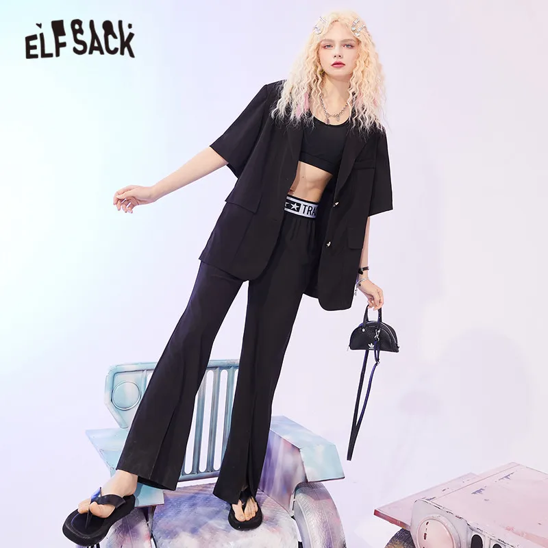 

ELFSACK Solid Pure High Waist Split hem Casual Minimalist Women Pants 2021 Summer ELF Korean Ladies Daily Basic Wide Leg Trouser