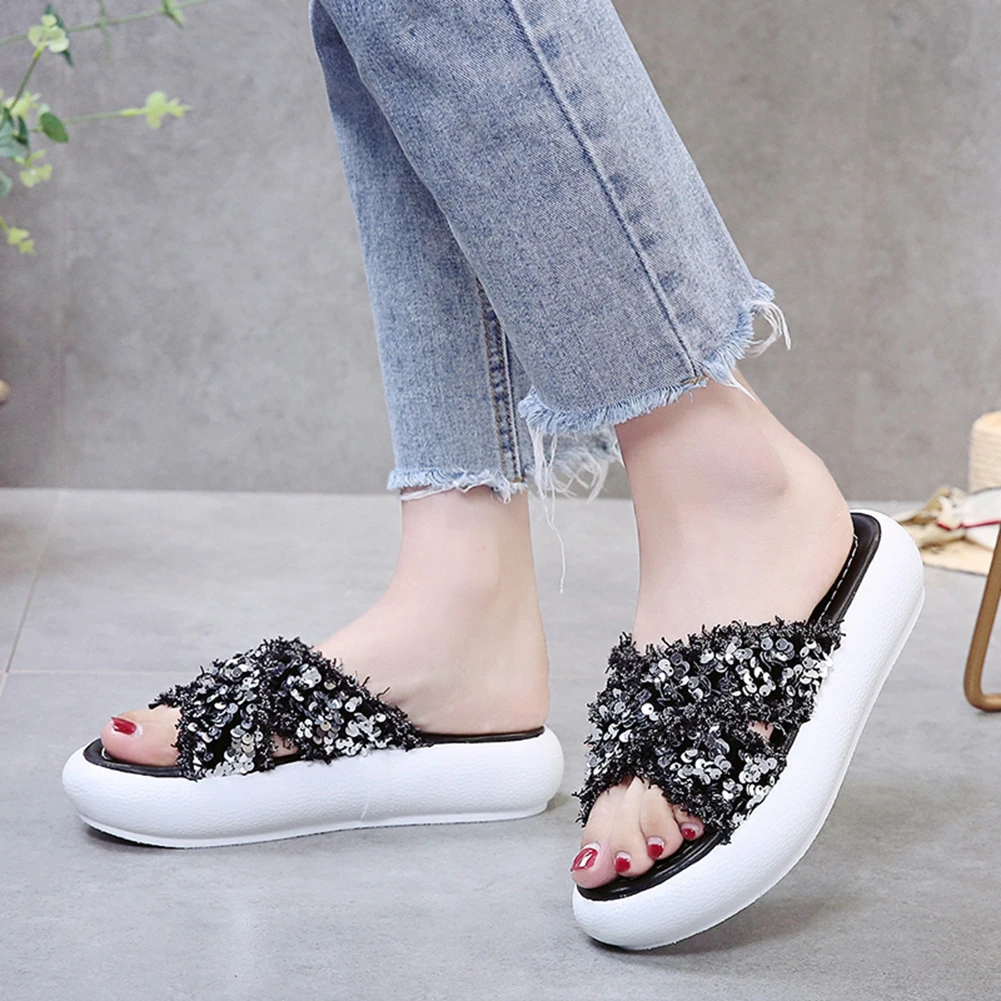 

KarinLuna 2020 Dropship Women slides Med Heels Peep Toe Platform Bling Flats Summer Outside Women Slippers
