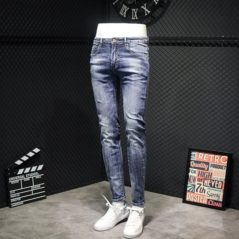 Fashion 2022 Korean Mens Skinny Jeans Streetwear Distressed Ripped Pants Casual Pencil Pants Male Classic Blue Denim Trousers