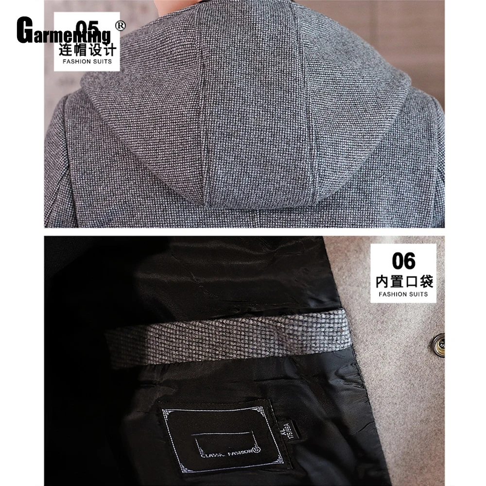 

Mens Wool Blends Long Coats Kpop New Spring Hooded Jackets Khaki Gray Outerwear with Velvet Zipper Slim Fit Men Clothing 2021