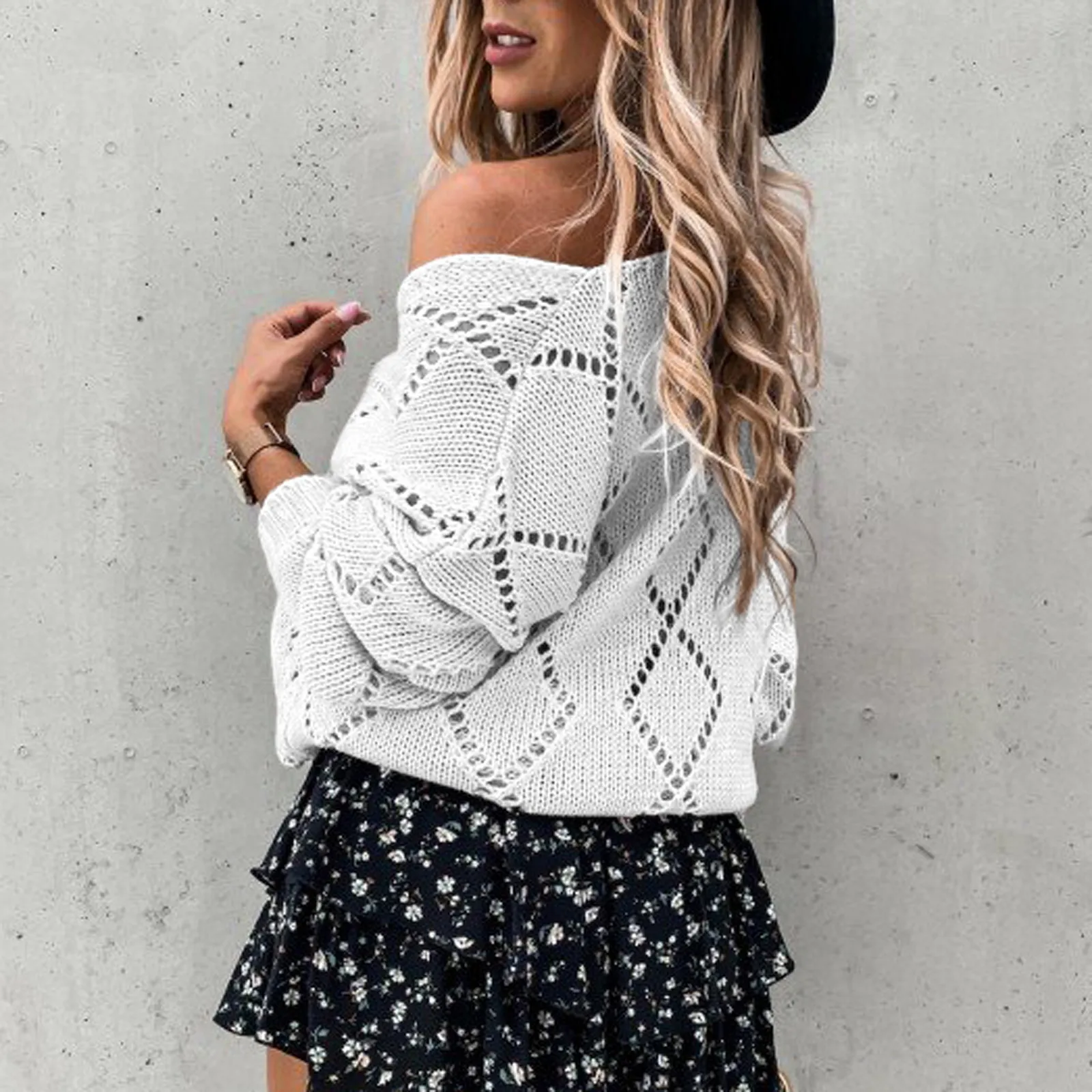 

Womens Solid Color Hollowing Sweaters Women V-neck Long Sleeves Oversized Loose Casual Sweater Tops Pullover Femme Coats