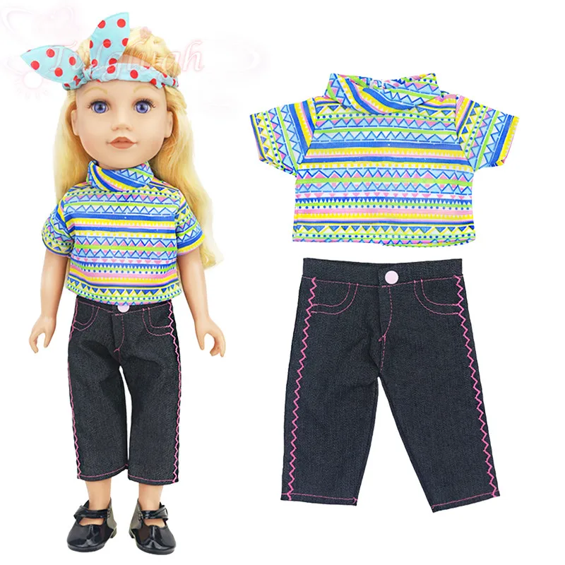 

2 шт./лот полосатая короткая футболка и джинсовые брюки, костюм для 18-дюймовой американской куклы и 43 см, одежда для новорожденных, кукол, акс...