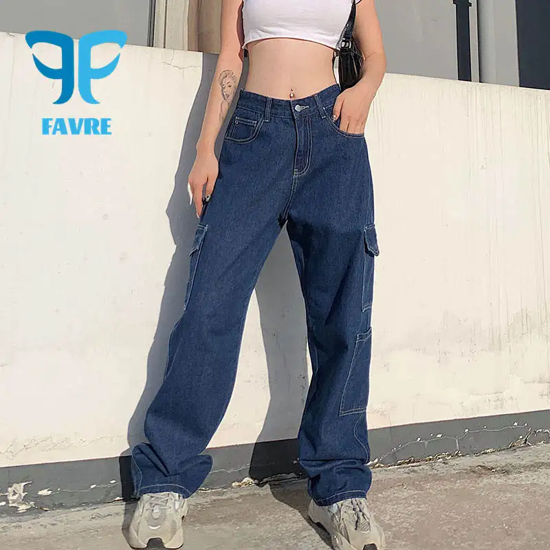 

FAVRE Fashion Pockets Solid High Waist Women's Jeans Streetwear 2021 Autumn Cargo Denim Pants Vintage Straight Harajuku Jeans