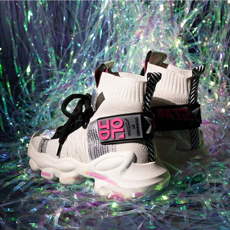 IGU/женские кроссовки; обувь на плоской платформе; tenis feminino; эластичные носки; флуоресцентная обувь с высоким берцем; женская обувь; большие размеры 41, 42
