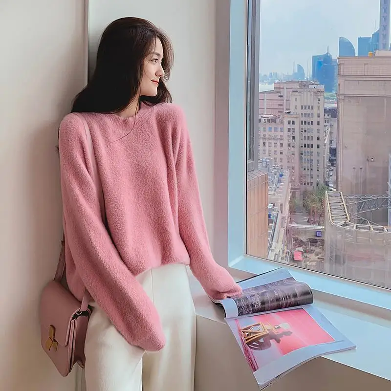 

Women 2020 Autumn Winter Imitation Mink Velvet Sweater Female Loose Casual Pullcover Blouse Ladies Pure Color Knit Sweaters D17