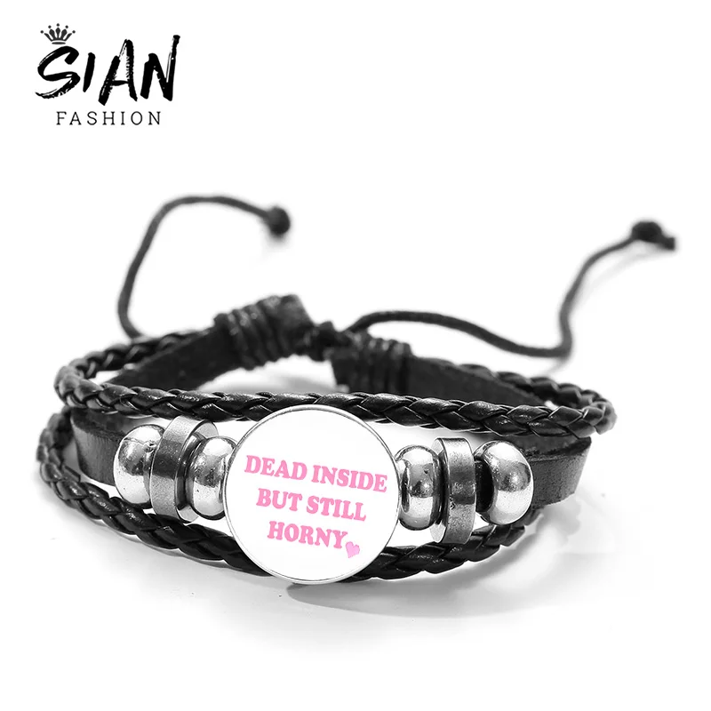 

Black Braided Leather Bracelet Dead Inside But Still Horny Glass Snap Metal Bead Bracelet Friendship Men Women Kid Accessories