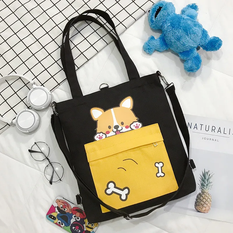 

New Women Canvas Shoulder Bags Foldable Shopping Bag Cartoon Dog Tote Package Crossbody Bags Girls Students Traveling Handbag